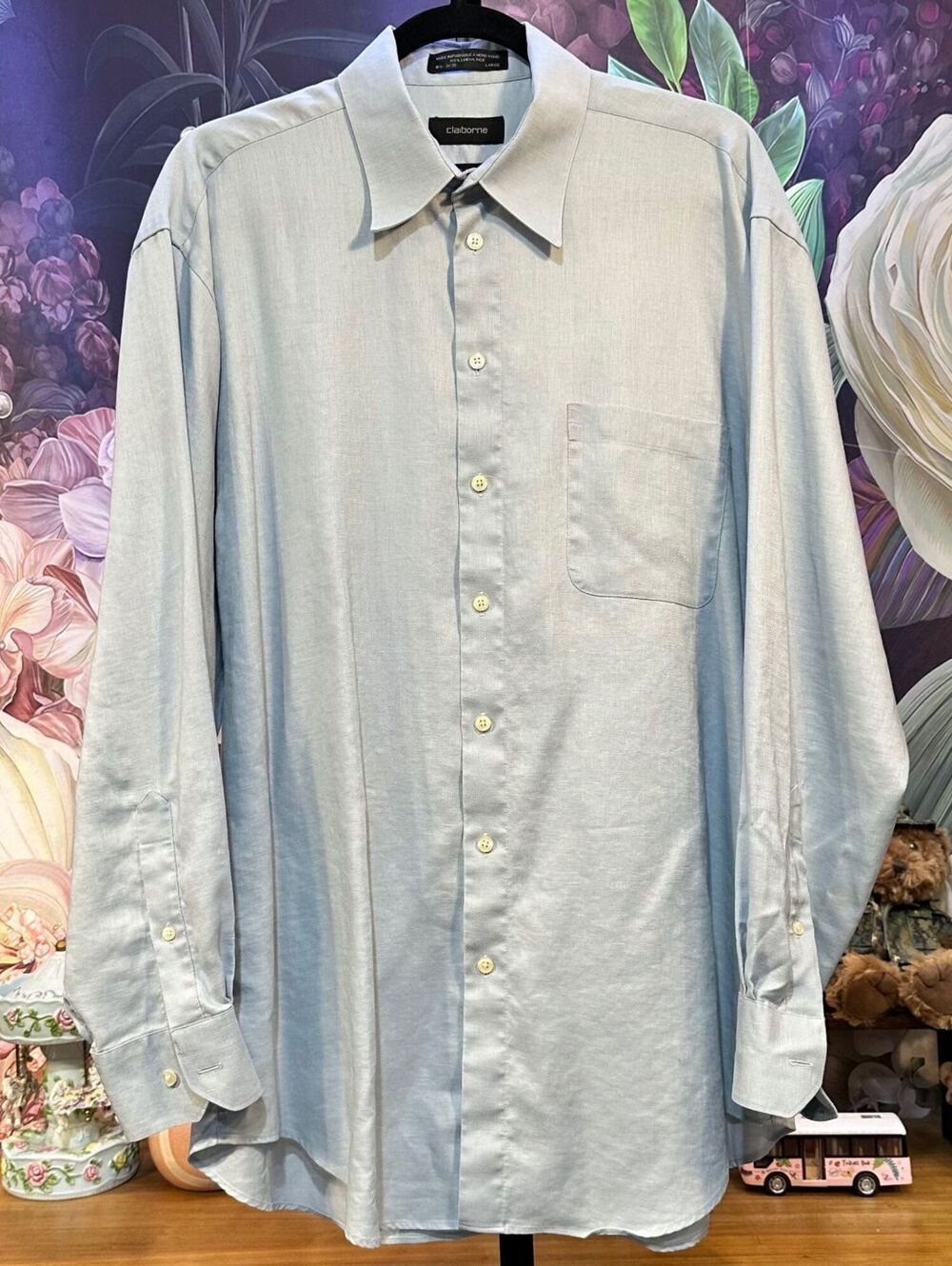 Claiborne L 16.5 34/35 100% Linen Shirt Coastal Quiet Luxury Resort Light Blue
